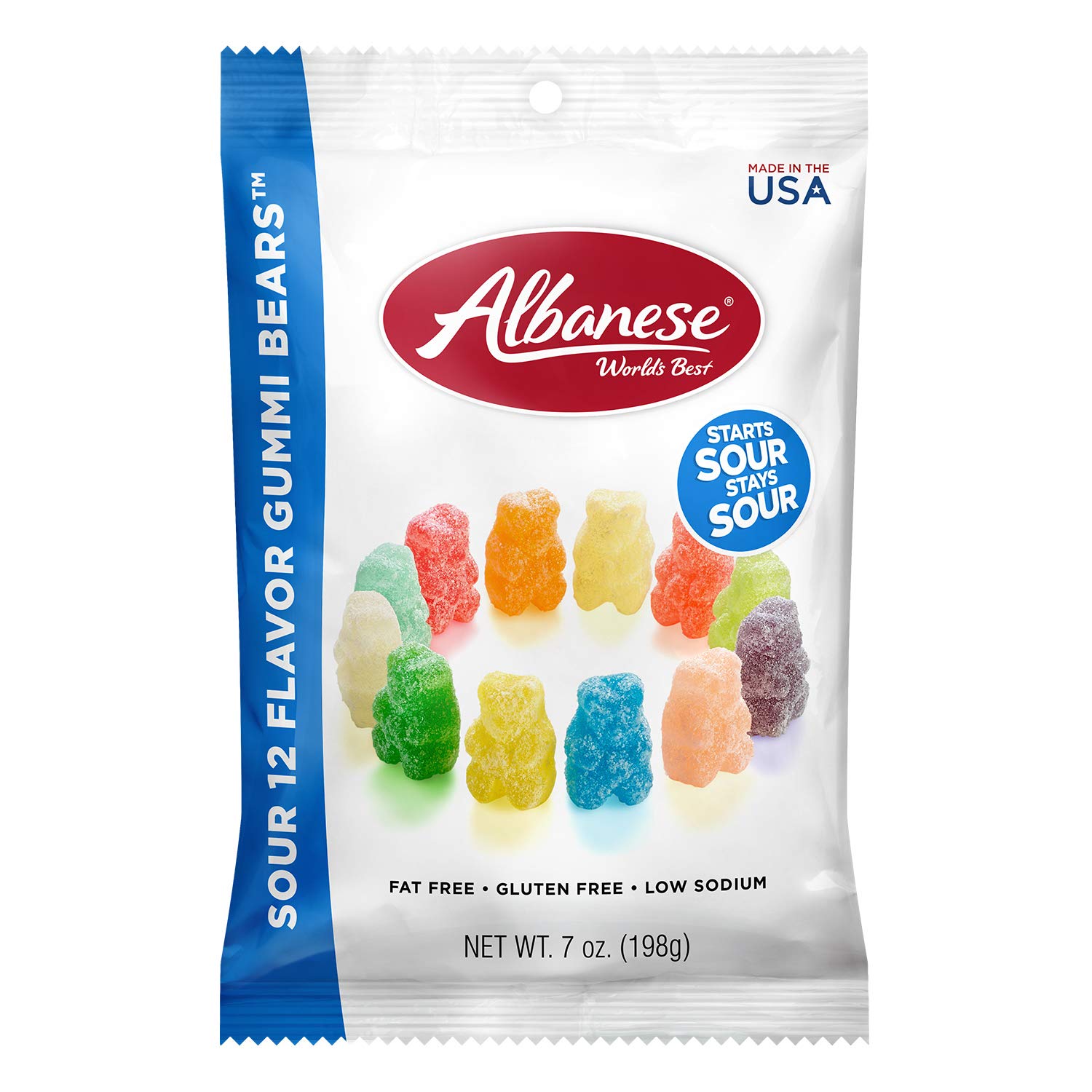 Albanese World's Best Sour 12 Flavor Gummi Bears | 7oz Bag of Candy, Pack of 12 | 12 Unique Super Sour Flavors, Gluten Free, Fat Free, Soft and Chewy Gummy Bears | Perfect Travel Snack