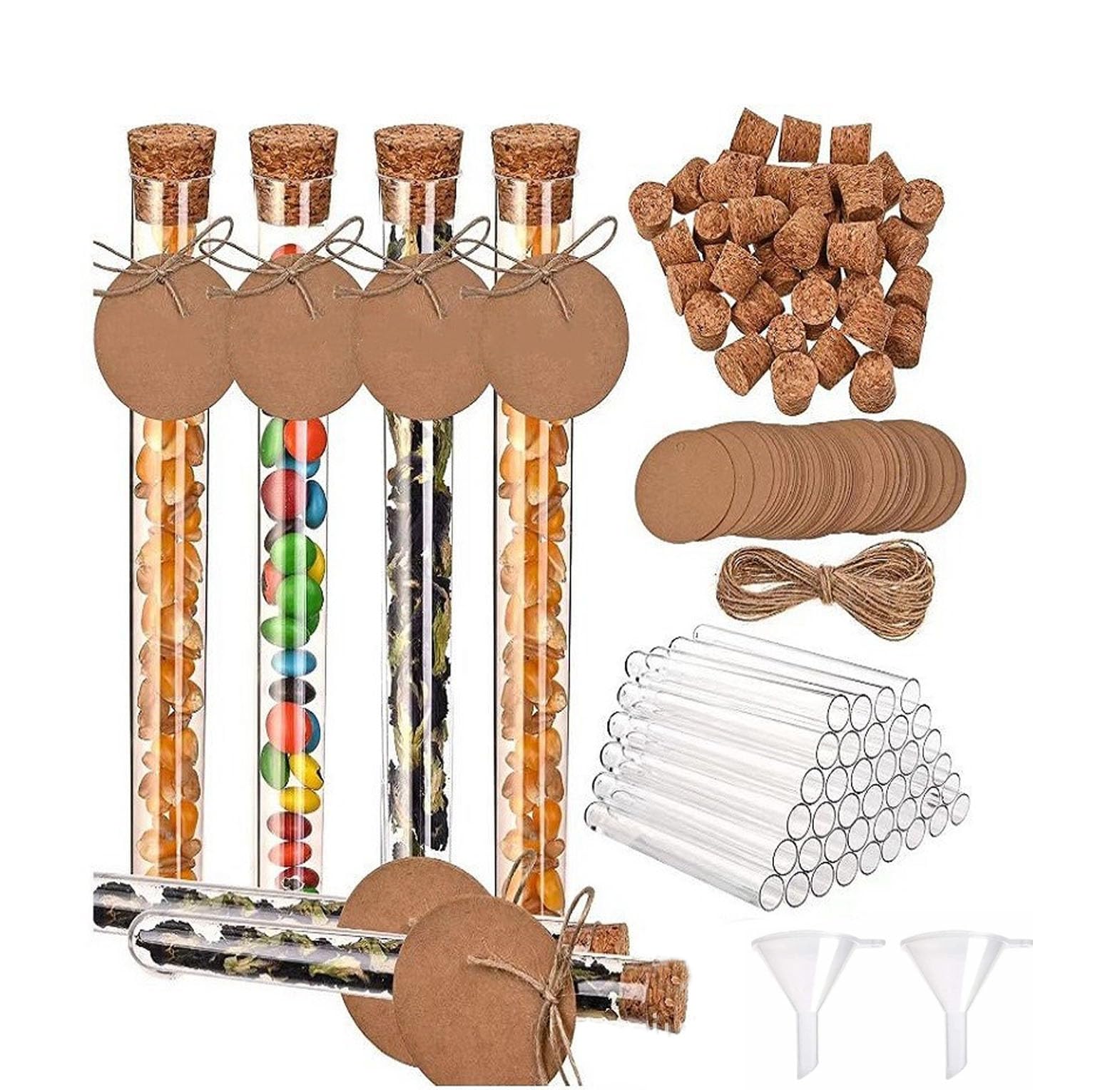 30 Pcs test tubes Clear Plastic Test Tubes with 30 Cork Stoppers - Laboratory Grade Storage Vials，10M Hemp Ropes and 30 Kraft Paper, 2 small funnels for DIY Craft Spices Liquids, Sweets Candy(30ml)