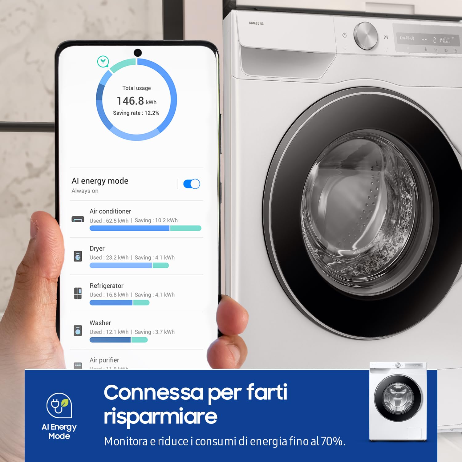 Samsung Lavatrice AI Control WW11DG6B85LH/U3 Libera installazione, 11 Kg, Wifi, Ecodosatore, Super Speed, Vapore, Carica Frontale, 60l x 85h x 60p cm