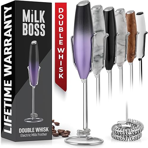 Milk Boss Espumador de leche de doble varilla para café con soporte de funda mejorado - Espumador de café de mano - Máquina de espuma eléctrica de