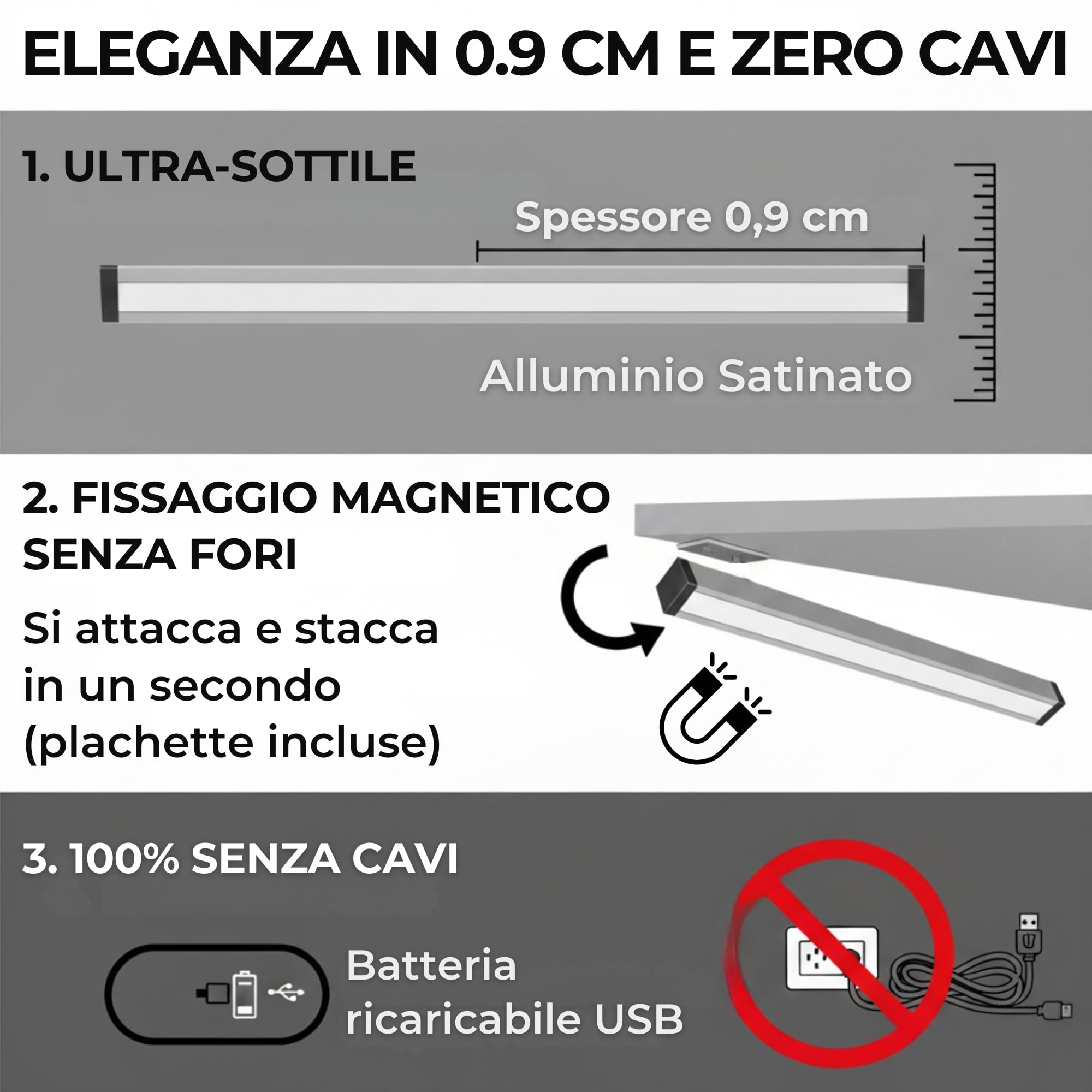 Luce Armadio LED con Sensore Ricaricabile, Barra LED Magnetica a 3 Tonalità, Intensità Regolabile Dimmerabile per Illuminazione per Interni, Ricarica USB, Lunghezza 40cm (Nero, 2 Pezzi)