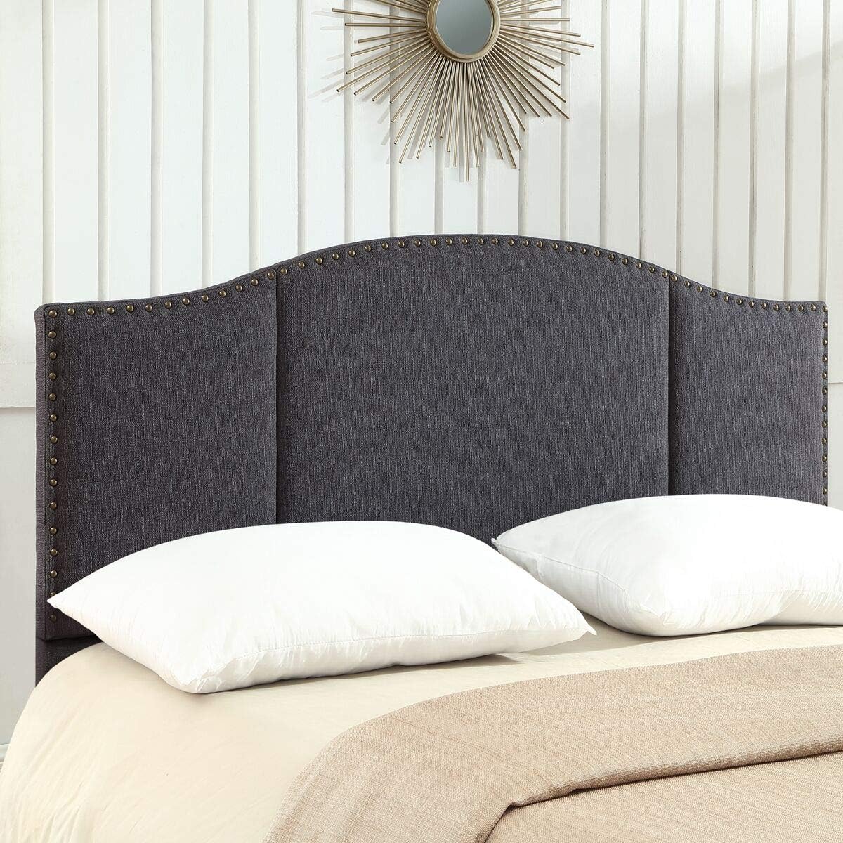 24KF Middle Century Linen Upholstered Tufted King Size Headboard with Nail Heads