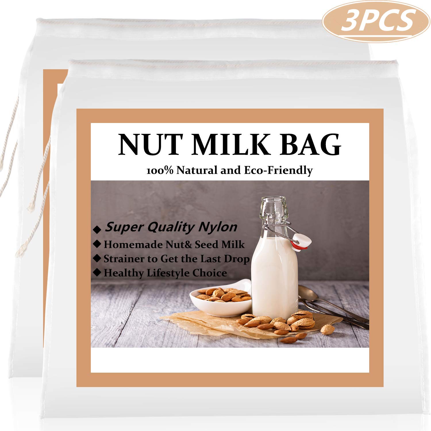 3 PCS Nut Milk Bags (12" x 10") Nylon Fine Mesh Reusable Filter Bags Drawstring Cheesecloth Bags Reusable Food Strainer for Cold Brew Coffee Tea Milk