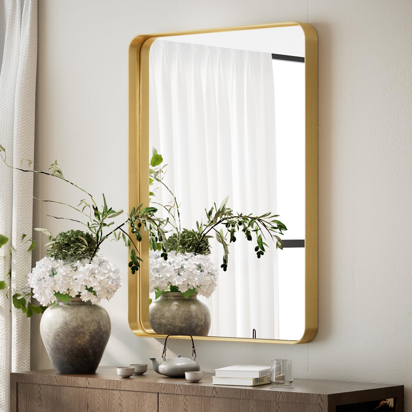 BEAUTYPEAK 24" x 36" Wall Mirror, Deep Frame Bathroom Mirror with ShatterVue™ Technology Nano-strengthened Glass, Farmhouse Look Wall Mounted Vanity Mirror Hanging Horizontally or Vertically, Gold