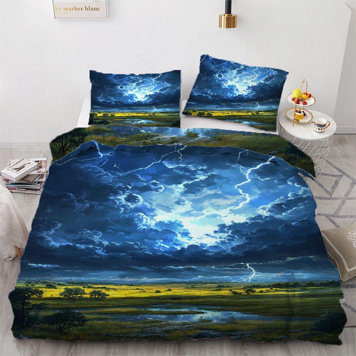 NDXRWDZR Super King Size Duvet Set Blue Thunder Lightning Duvet Cover with Zipper Closure Bedding for Aldults Kids Soft Breathable Microfiber Cover 260x220 cm + 2 Pillowcases 50x75 cm