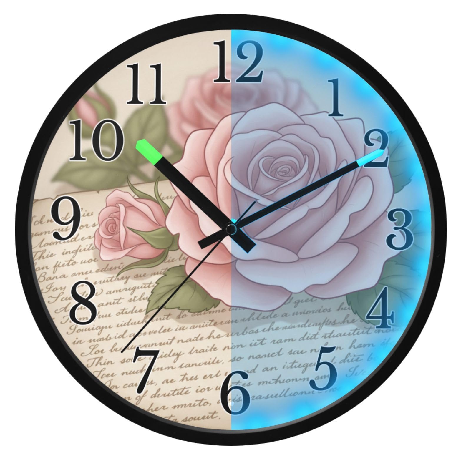 Mnsruu Reloj de pared luminoso vintage con diseño de rosas rosas que brillan en la oscuridad, funciona con pilas, silencioso, sin tictac, luz nocturna para dormitorio