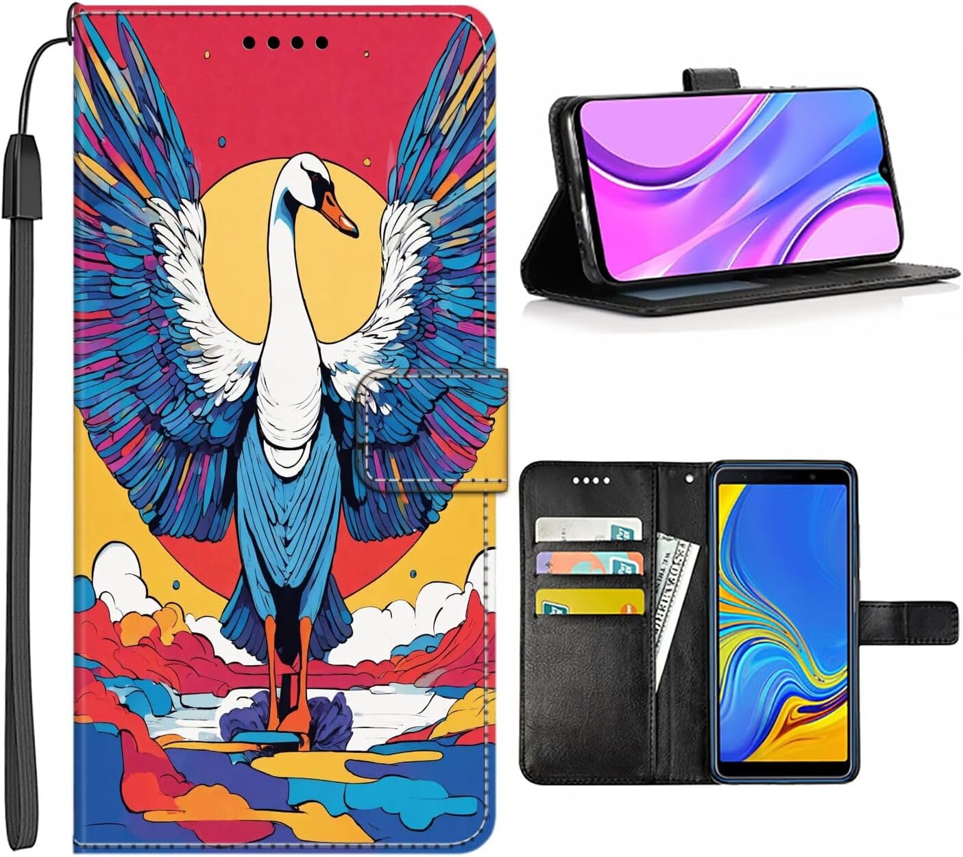 Wallet Case for Samsung Galaxy A01 A01 Core A02S A03S A03 A04 A04e A10 A10e A10s A11 A12 A13 A14 A20s A20e A21s A22 A23 A24 4G/5G with Swan-AA12,Card Slot and Wrist Strap Flip Cover