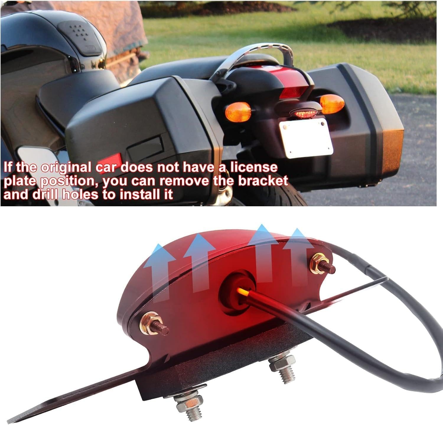Motorcycle Tail Light, Integrated LED Brake Light Running Light with License Plate Bracket Universal Fit for Motorbike,Street Bike, Cruiser, Quad, Red Lens