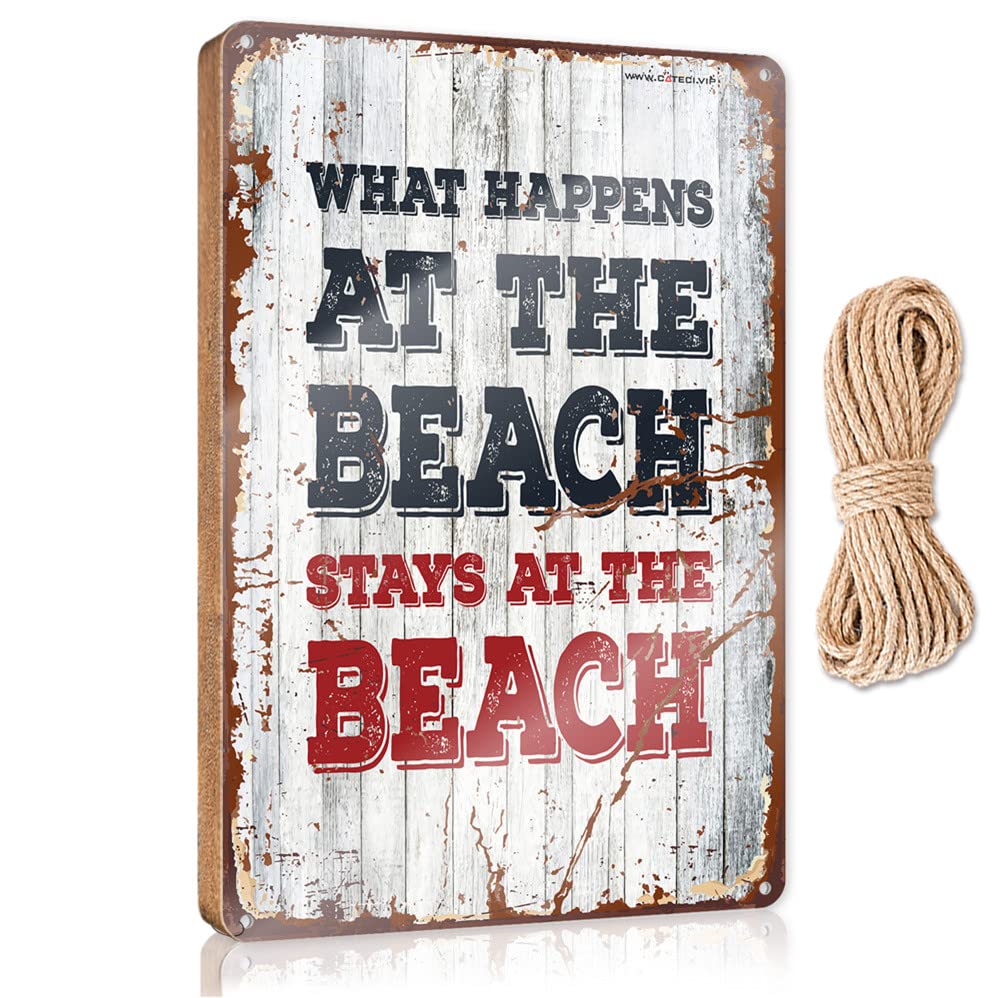DTHA Wood Sign With Sayings What Happens At The Beach Stays At The Wooden Sign Wooden Hanging Sign Bathroom Wall Decor(15X28CM)