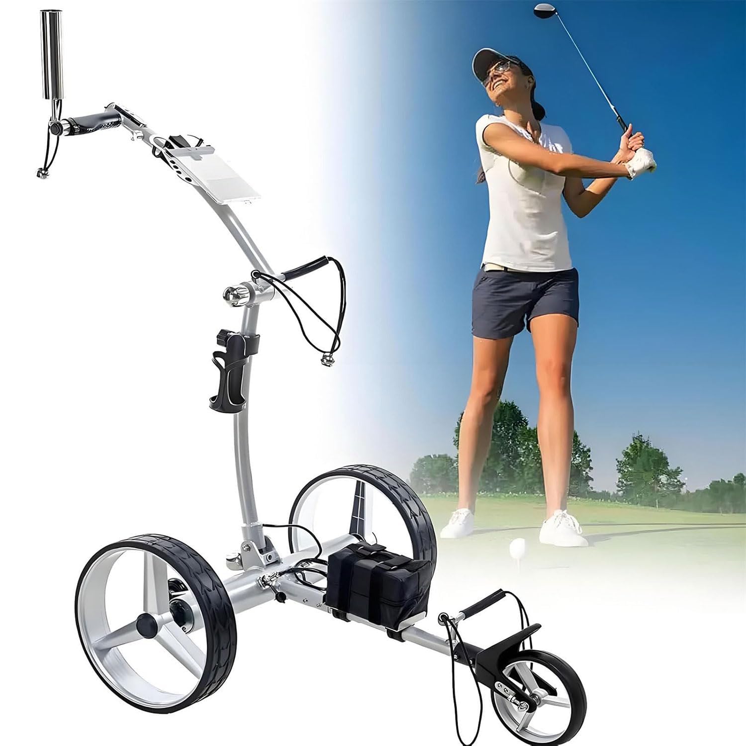 Carrito de golf eléctrico, control remoto, 3 ruedas, compacto y plegable, diseño ligero para un fácil viaje y uso en todo terreno, cabe en el maletero del coche