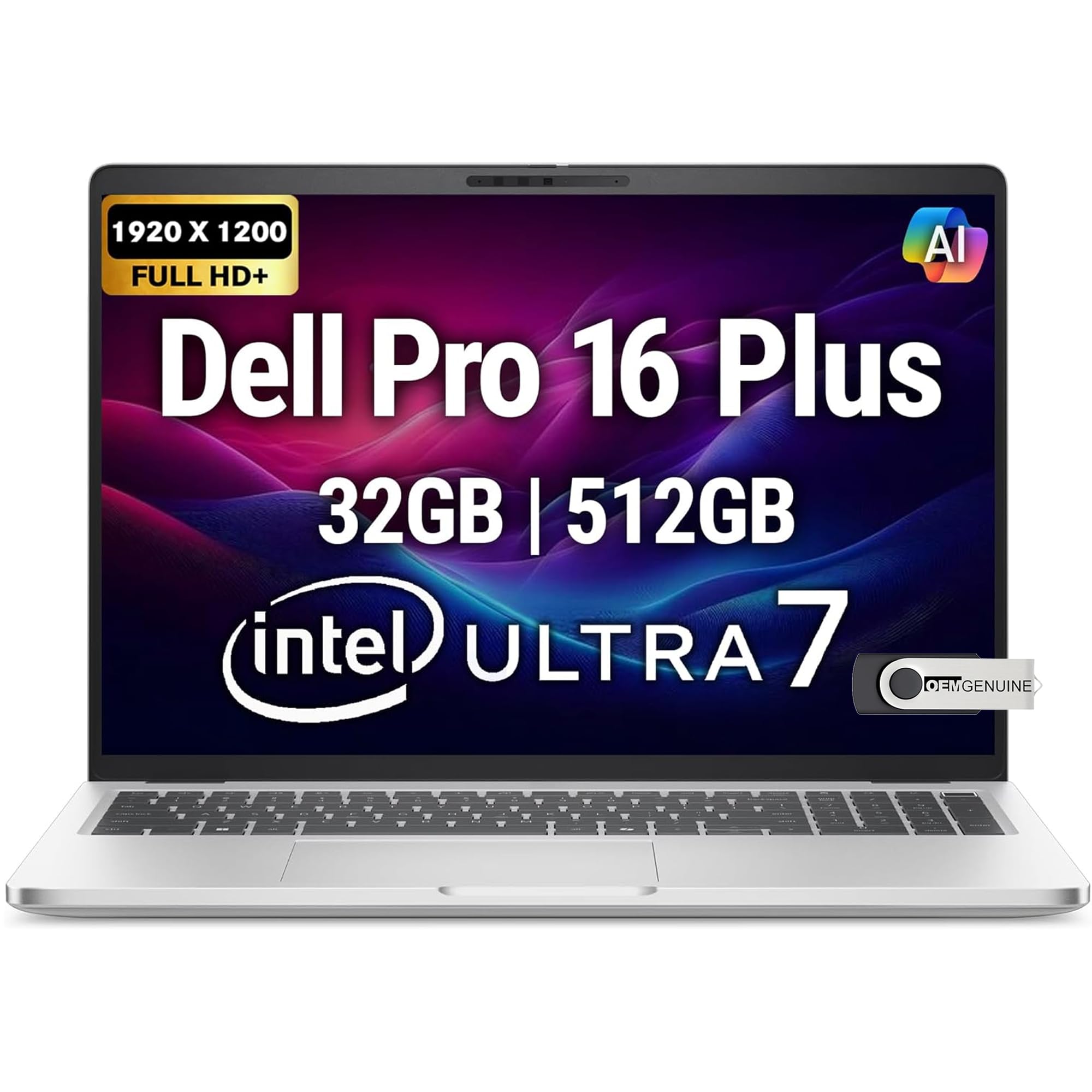 Dell Pro 16 Plus PB16250 (Replaces Latitude 5550) AI Business Notebook 16" FHD+ Intel Ultra 7-265U, 32GB DDR5 RAM, 512GB SSD PCIe, Wi-Fi 6E, BT, Backlit Keyboard, HD Webcam, RJ-45, Win 11 Pro - Silver