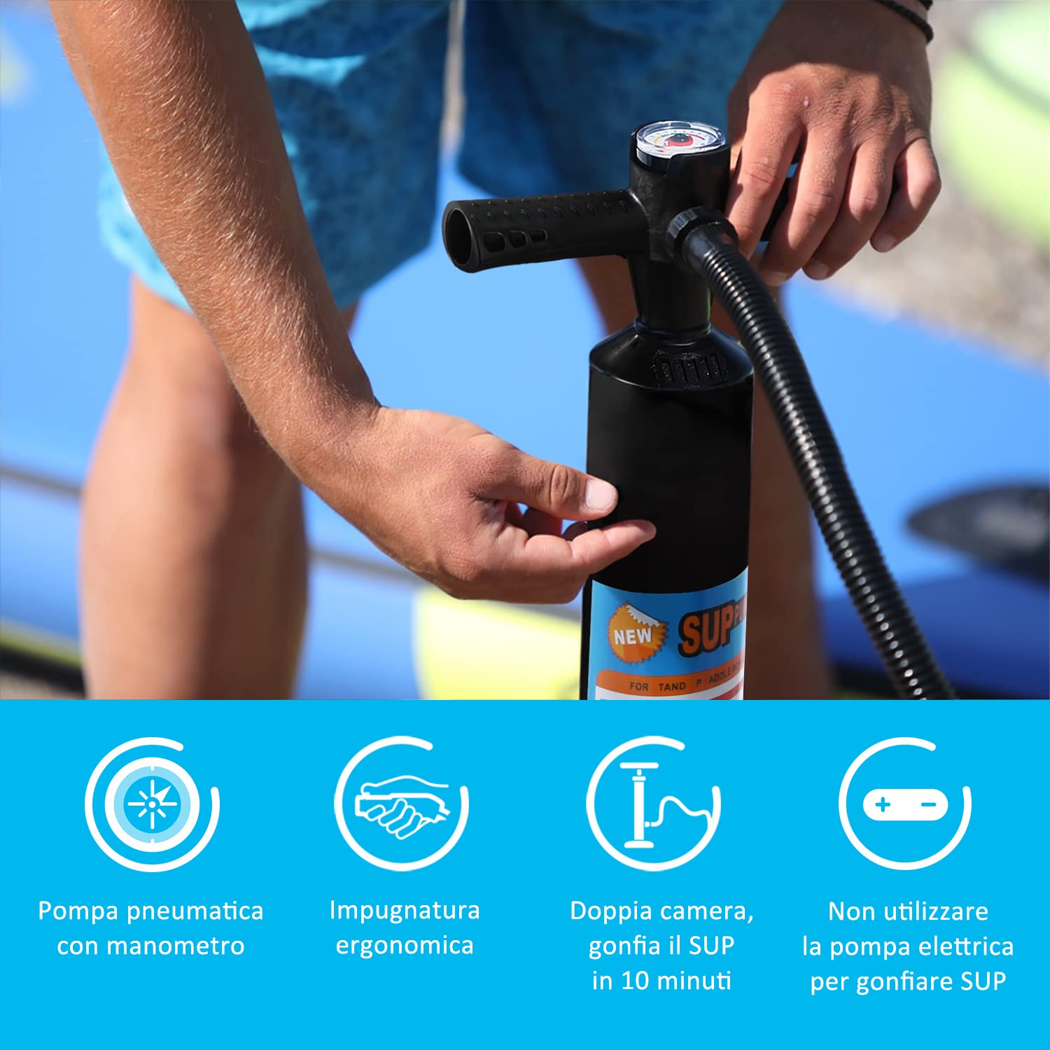 Tavola da Surf, Tavola Gonfiabile Spessa da SUP, Stand Up Paddle Board Gonfiabile, Set per Tavola da Surf con Pompa Pagaia Regolabile Accessori Completi, Blu e Bianco (300x76x10cm)