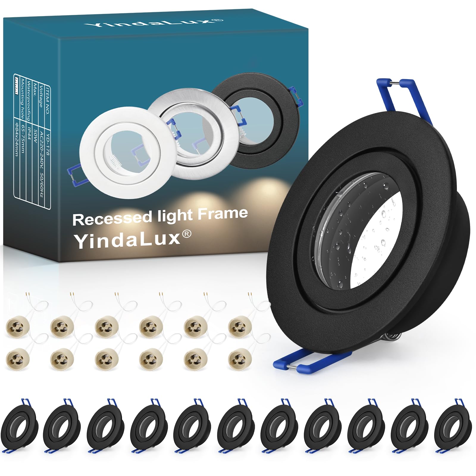 YindaLux 12 Pack GU10 Downlight Frames IP44 Black, Aluminium Recessed Spotlight Bezels for Bathroom, 230V Ceiling Spots with GU10 Holder, Ø84mm, Cut-Out 65-75mm, Bulb Not Included