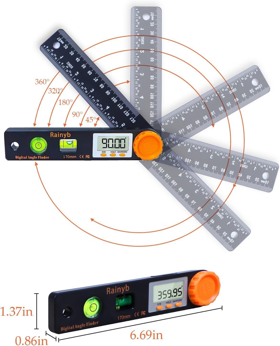 Rainyb Digital Angle Finder Tool, 5 inch Pocket Protractor, 0-360 Degree, LED Display with Horizontal Bubble Levels and Ruler Meter Accurate Tool for Woodworkers, Carpenters, Fabricators