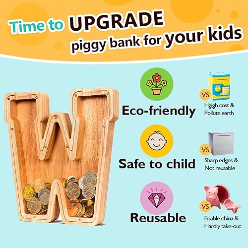 Miniatura 5 de SummiDate Alcancía con letras de madera, alcancía para niños y niñas, banco de dinero del alfabeto W, regalo de cumpleaños para niños, regalo del