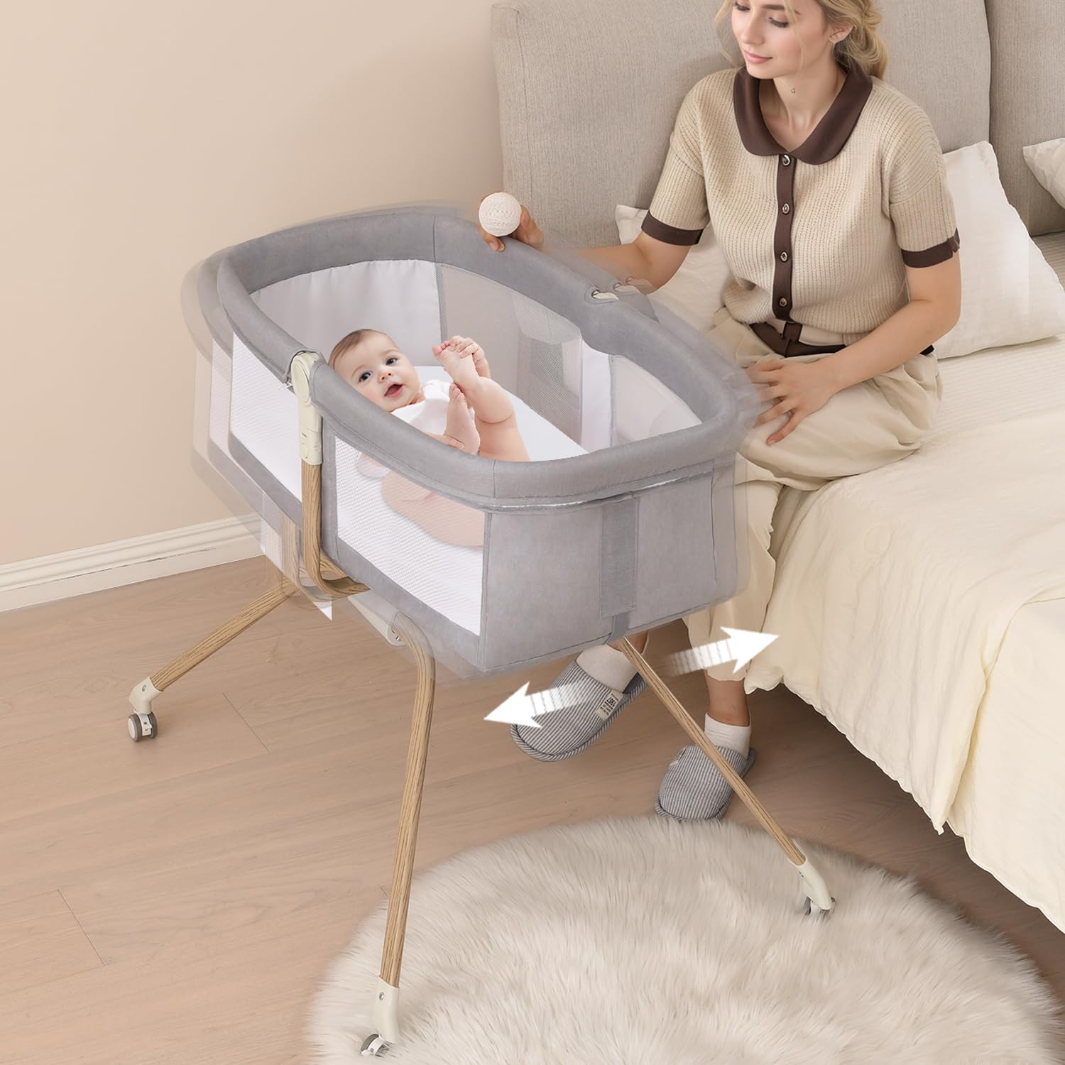 Baby Bassinet Bedside Sleeper, in Cradle,Easy Folding Portable Travel  Cribs for Infant, Silent Wheels，Included Mattress（Light Gery）