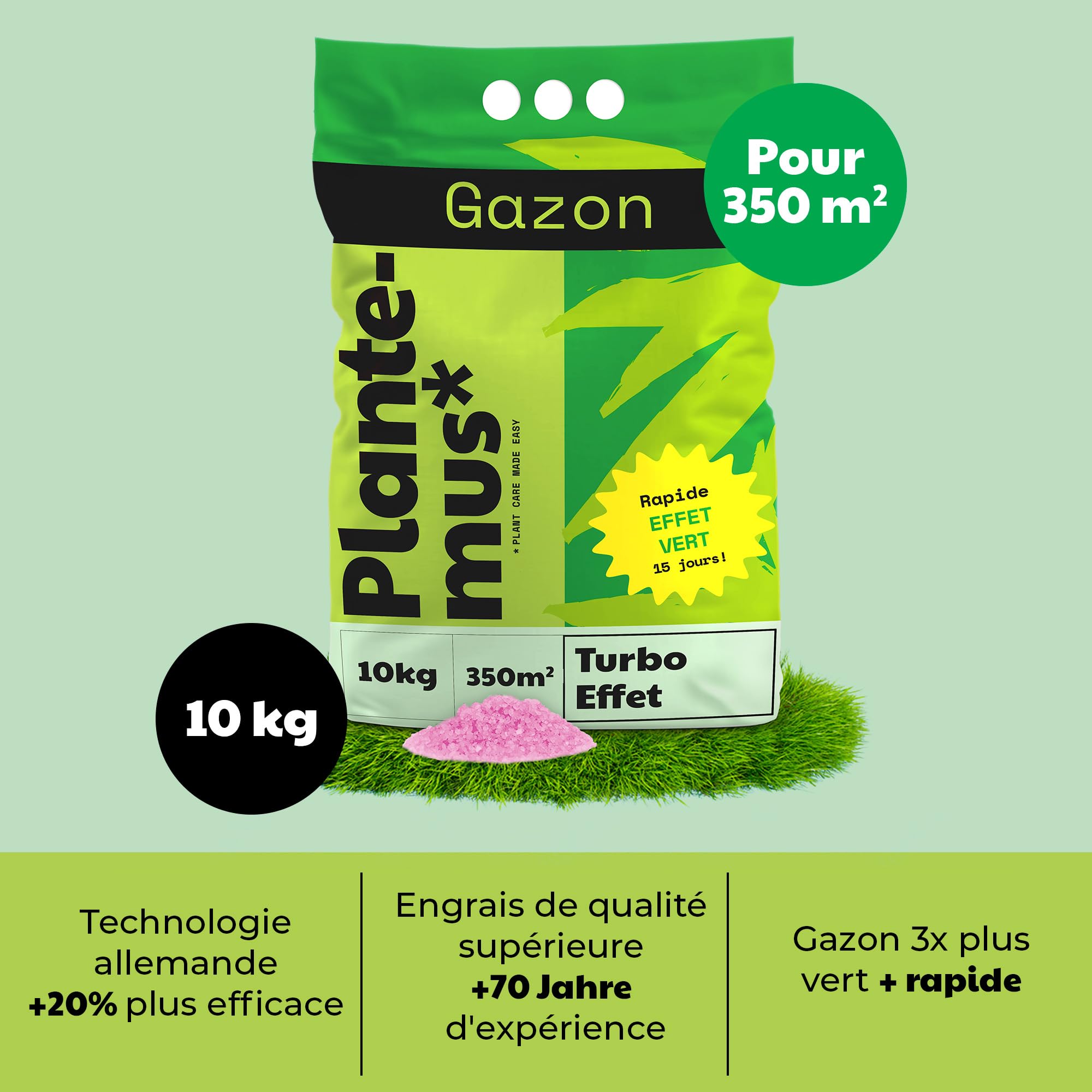 PLANTEMUS Engrais pour Gazon Effet Vert Turbo 350 m² Microcristaux Ultrasolubles Engrais Azoté 10 kg