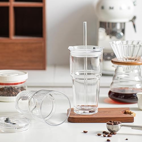 Miniatura 9 de INSETLAN Vaso de vidrio de 20 onzas con popote de vidrio y tapa, juego de 4  Taza de café helado engrosada, taza de vidrio con tapa y popote para