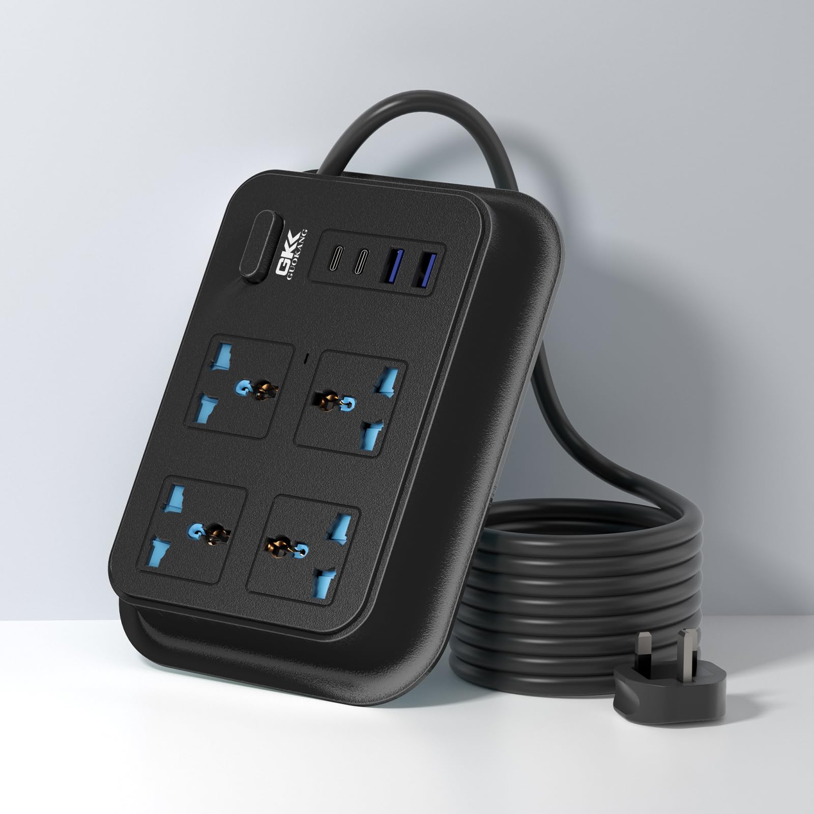 UK Power Strip outlets socket 4 AC Plug Outlets Extender switch and 2 USB & 2 type-c Ports, 2500W/10A,5.9Ft Plug Heavy Duty Extension Cord for Home, Office (Black, 4way)