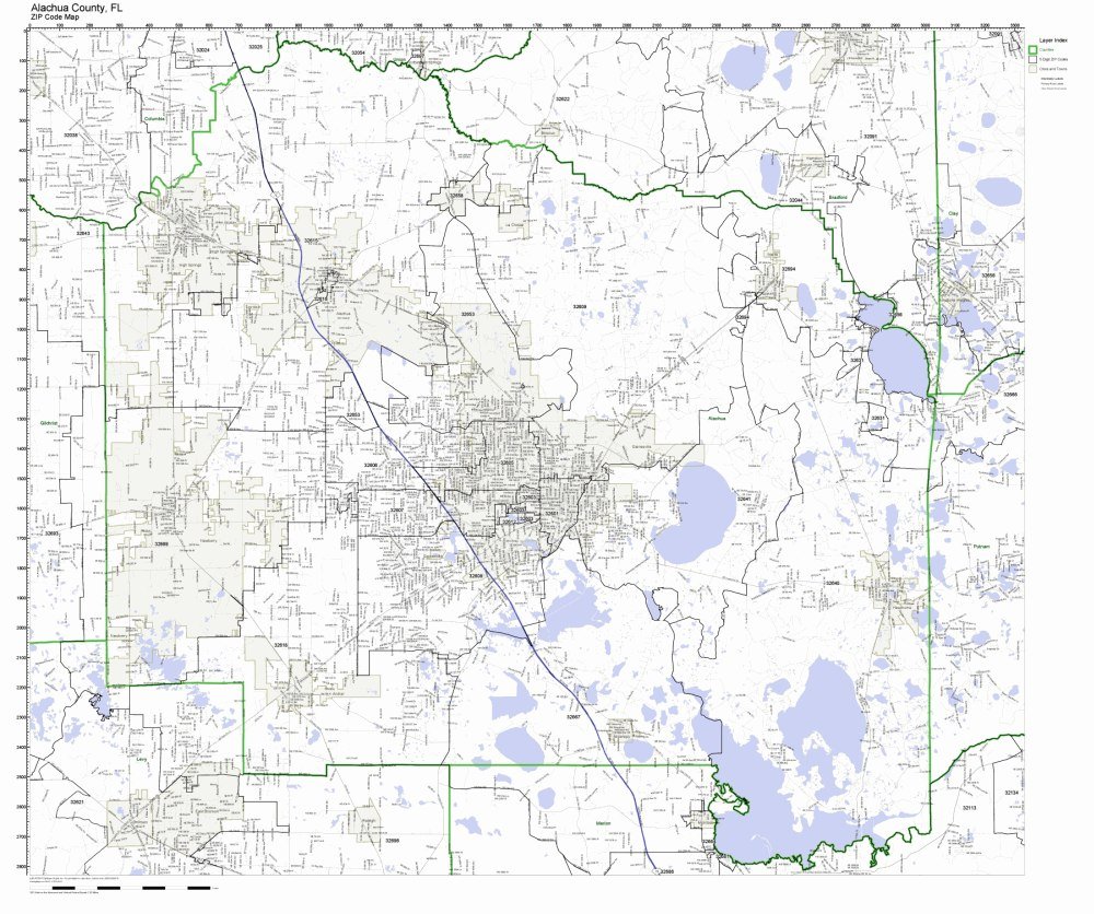 Alachua County, Florida FL ZIP Code Map Not Laminated