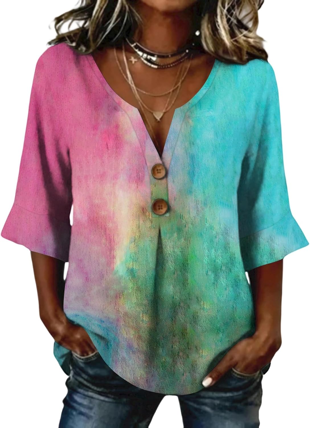 3/4 Sleeve Blouses for Women Summer V Neck Button Down Henley Shirts Dressy Casual Three Quarter Sleeve Graphic Tops