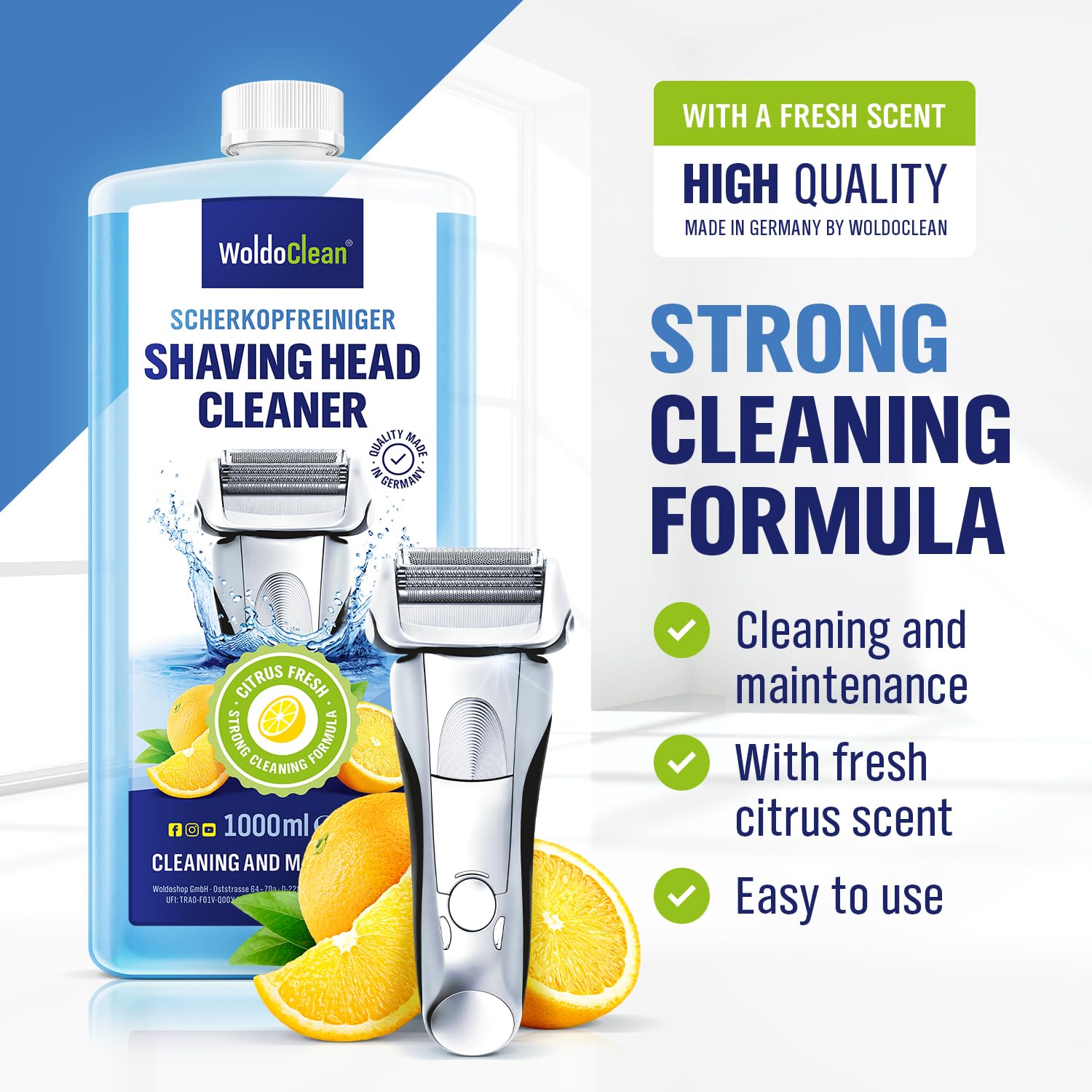 WoldoClean Liquido di Ricarica per Testine 1000ml - Compatibile con Cartucce Braun Clean & Renew, Detergente per Rasoi con Alcol e Profumo di Limone