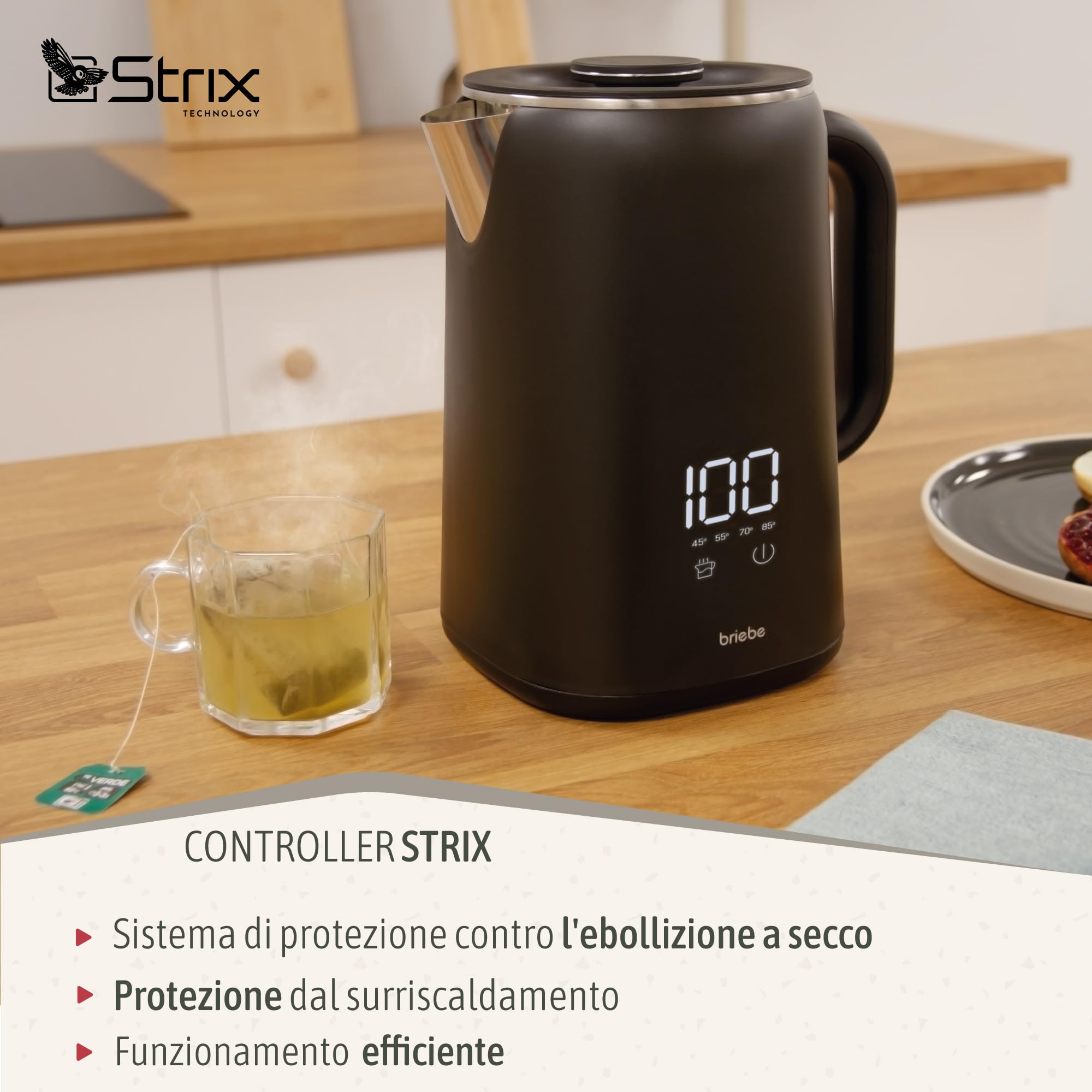 briebe eBoil Bollitore Elettrico 1,7L Display Digitale Temperatura Regolabile 45°C a 100°C Funzione Keep Warm, 1500W, Interno in Acciaio Inox, BPA Free, Base 360°, Controller Strix, Nero