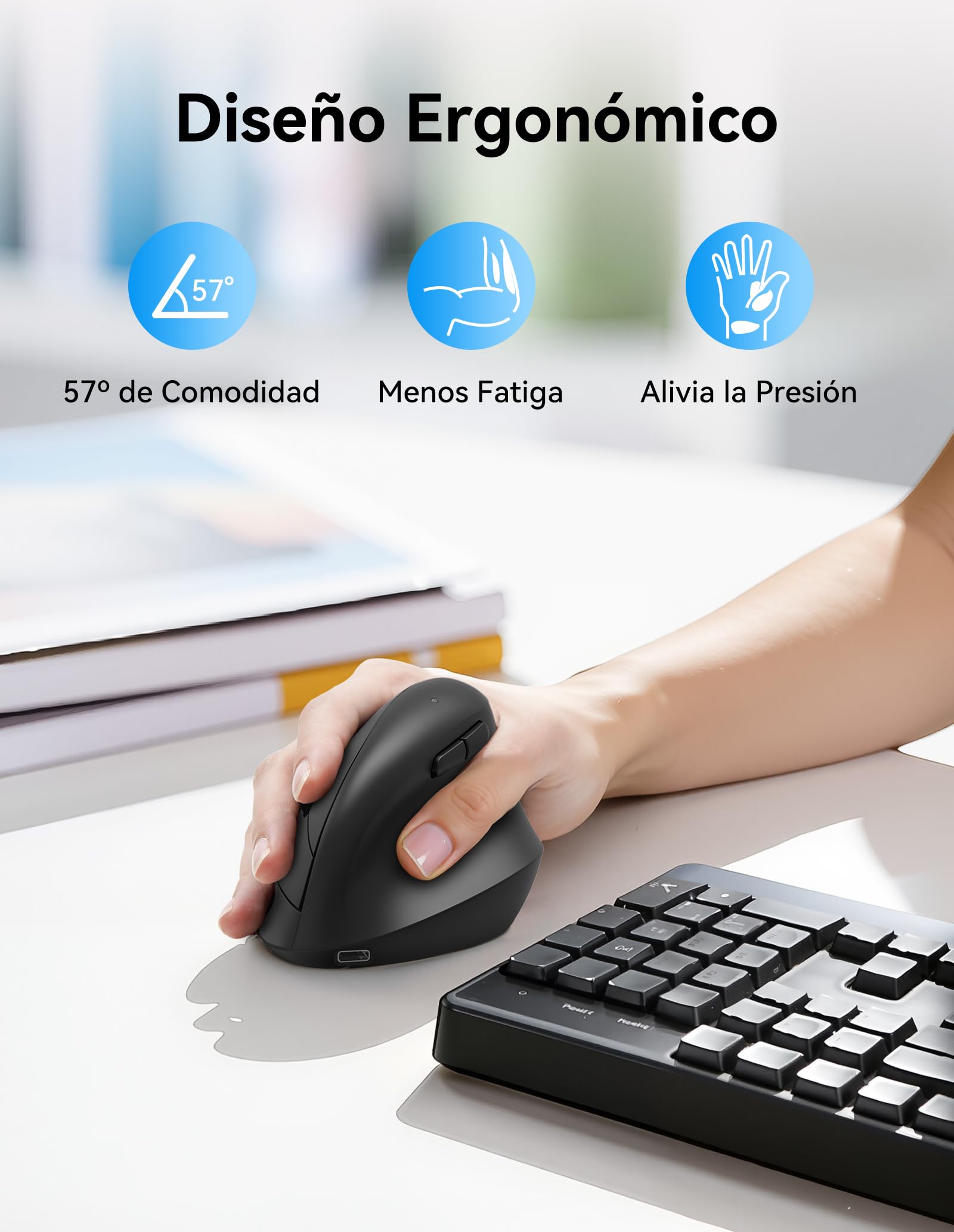 TECKNET Ratón Bluetooth Ergonómico, Ratón Vertical con 3 Modos de Conexión | BT 5.0/3.0+2.4G Ratón Inalámbrico Recargable, 4800DPI Ajustable, Silencioso Mouse para Portátil, Mac y PC