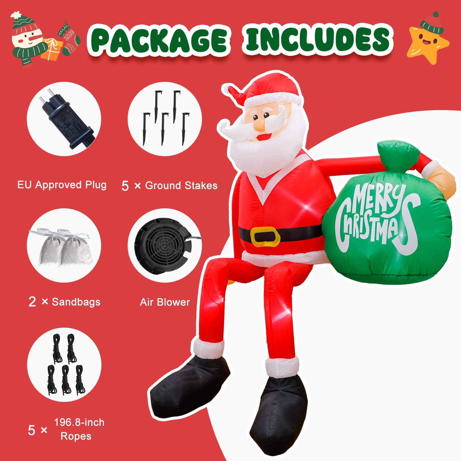 245cm Aufblasbare Weihnachtsdeko Außen, Aufblasbarer Weihnachtsmann Deko Draußen mit Geschenktüte, IP44 Wetterfest Weihnachtsmann Aufblasbar mit LED Beleuchtung Gebläse für Rasen Hof Außen