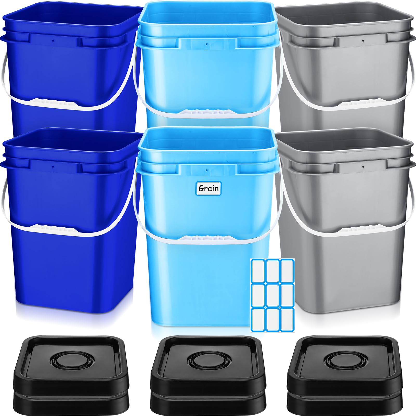 Vesici 6 Pcs 5 Gallon Food Grade Square Buckets with Lids 5 Gal Plastic Food Storage Square Bucket Heavy Duty Industrial Pail Container with DIY Label