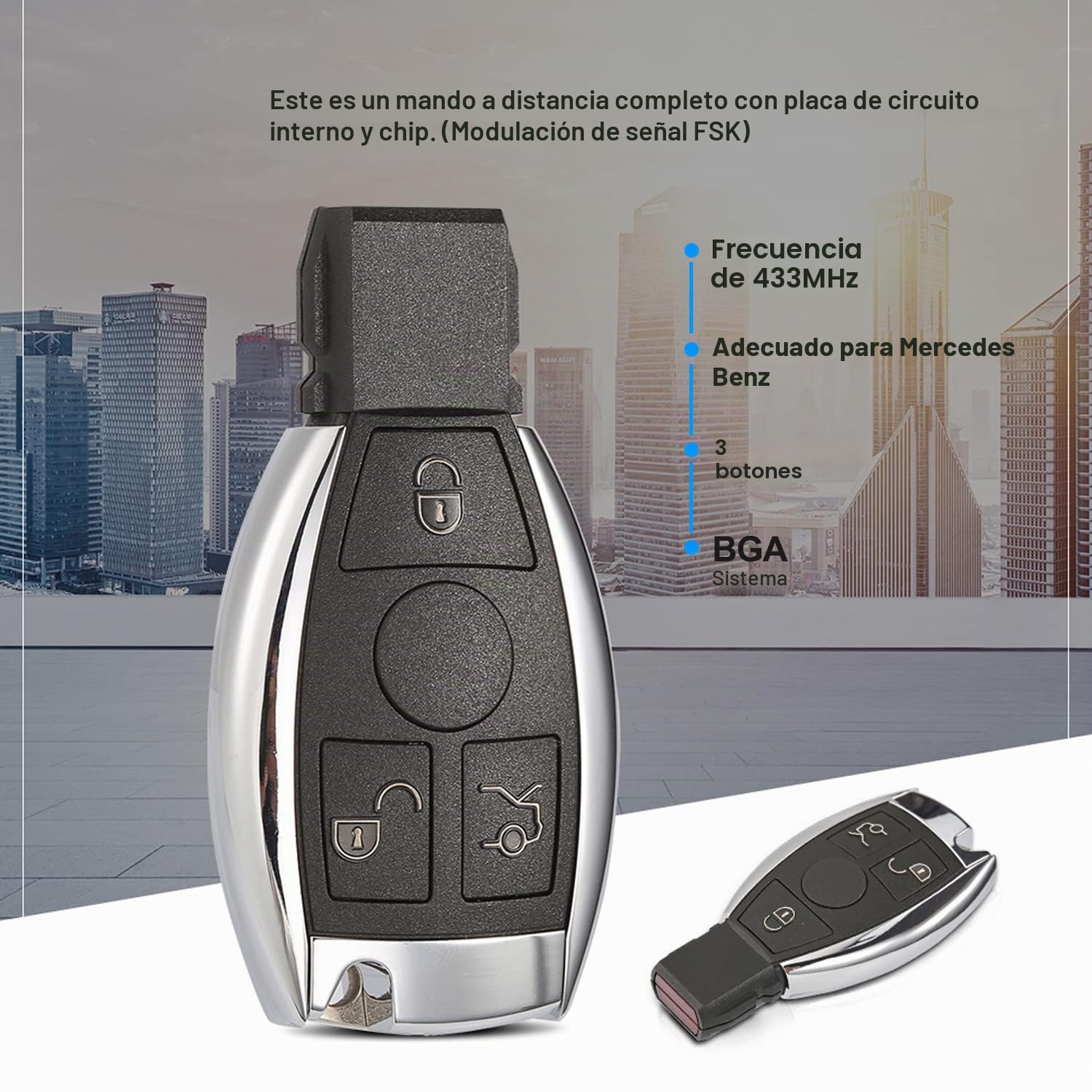 Carcasa de Llave Remota Inteligente de 3 Botones 433MHz para Mercedes B/e/n/z A B C E G S CLK SLK ML Clase 2000+ Mando Llave de Coche con BGA Chip Hoja NEC