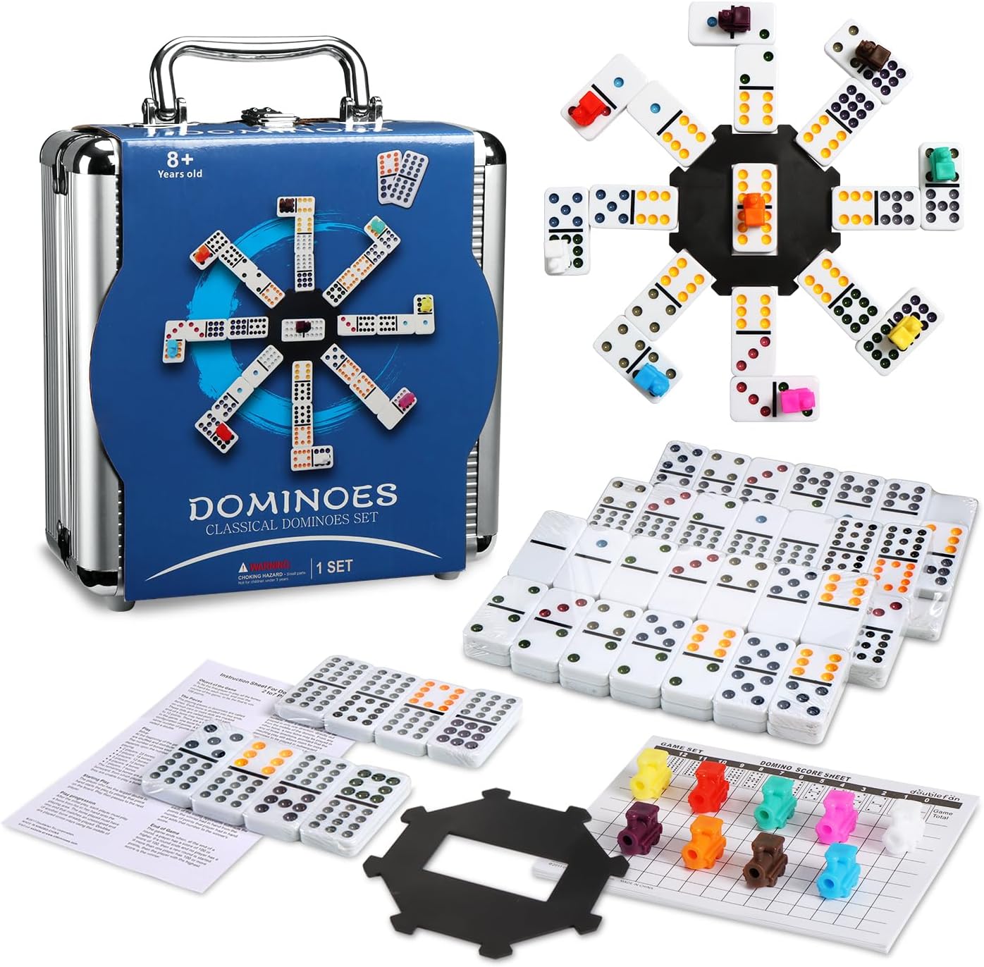 Domino Set For Adults,Double Twelve Mexican Train Dominoes Game with Color Dot,Dominoes Set with Portable Aluminum Case, 91 Tiles (2-8 players)
