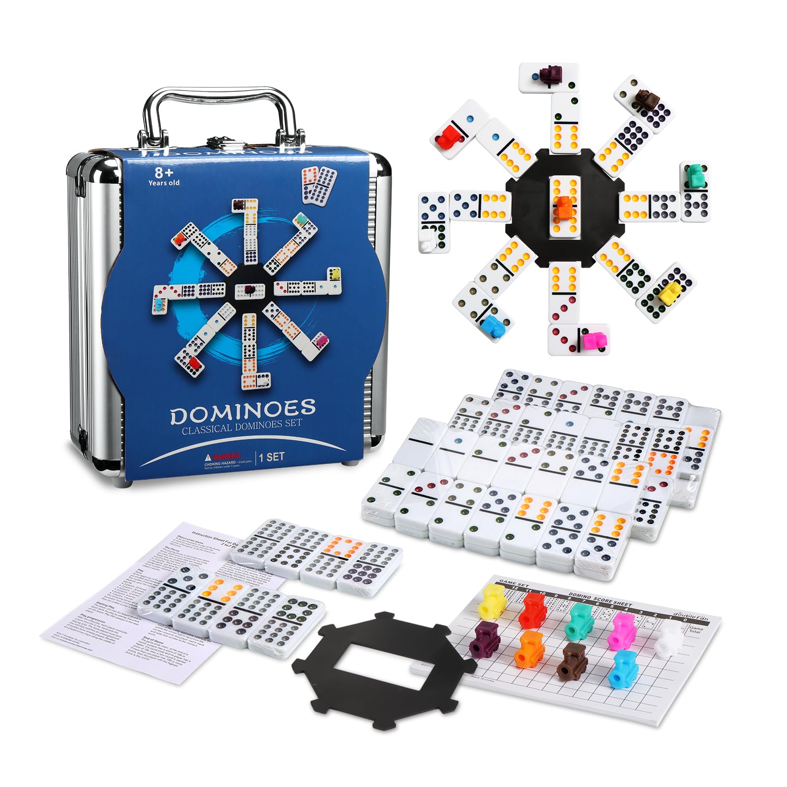 Domino Set For Adults,Double Twelve Mexican Train Dominoes Game with Color Dot,Dominoes Set with Portable Aluminum Case, 91 Tiles (2-8 players)