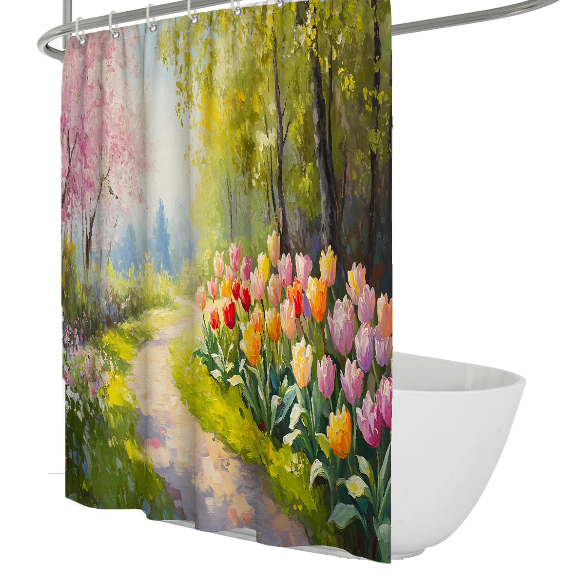 UERWOWELL Whimsical Botanical Garden Shower Curtain Beautiful Springtime Meadow Landscape Bath Curtains Tulip Blossom Polyester Fabric Bathroom Decor W120xL200 cm