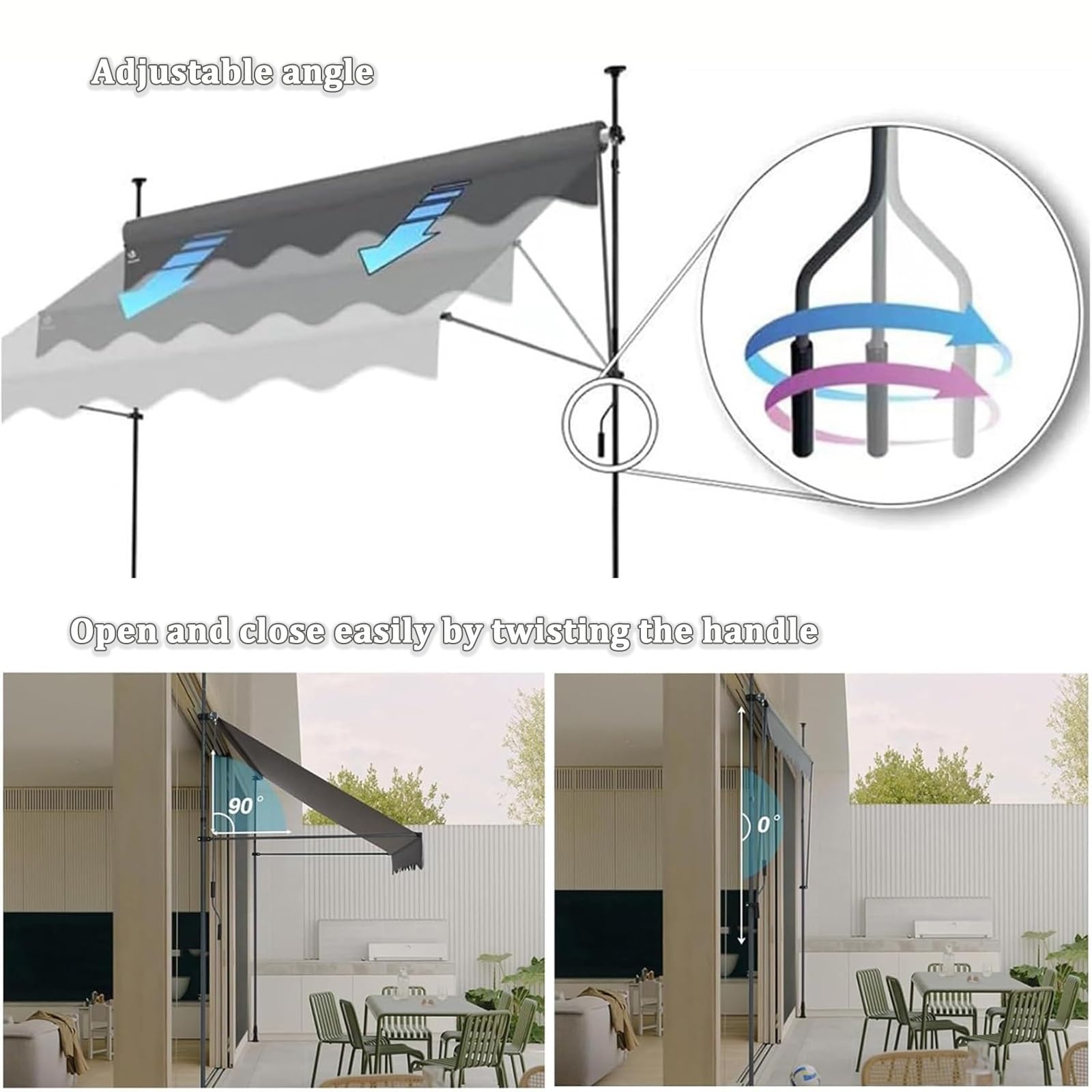 Auvent rétractable Manuel 250 x 150 cm, Store banne de terrasse résistant aux intempéries pour extérieur, réglable en Hauteur et en Inclinaison(Dark Green,118" x 59")