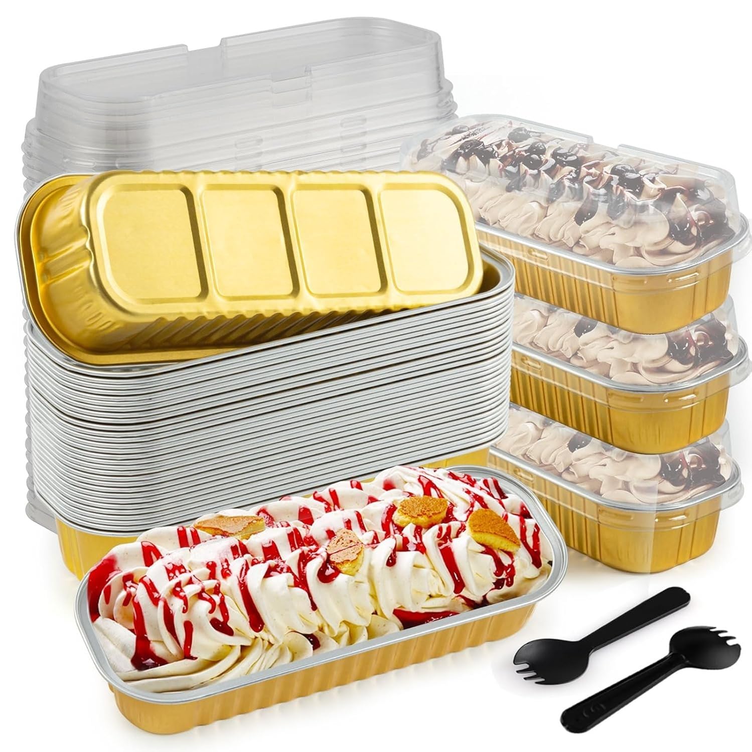 DNY 50Pcs Mini Loaf Pans with Lids – Gold Aluminum Foil Baking Pans | Disposable Mini Cake & Brownie Pans with Covers | Rectangle Baking Cups for Party, Picnic, Oven Use-image-30