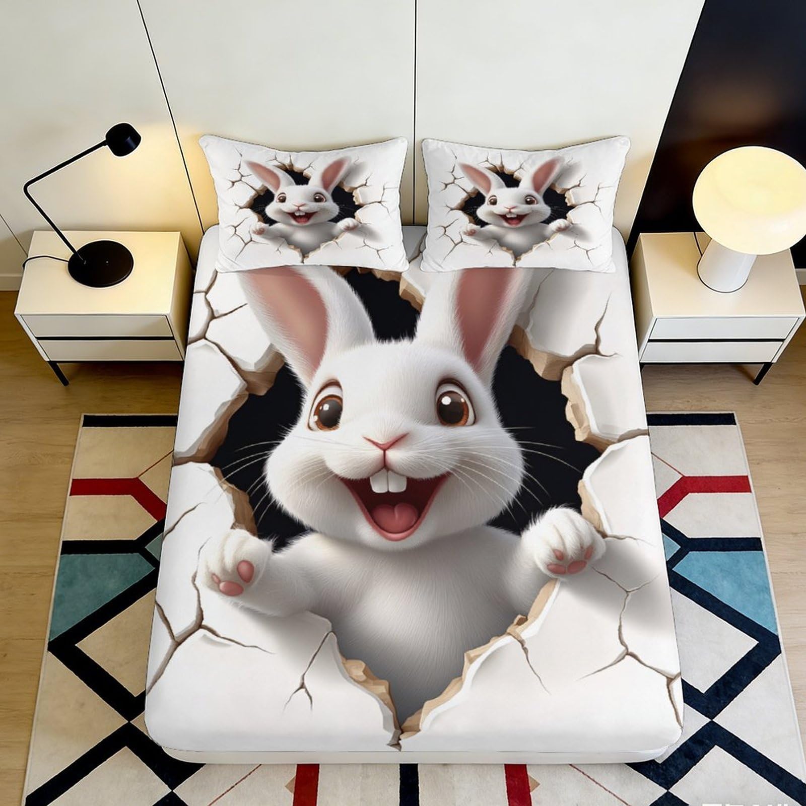 3D Printed Cute Bunny Fitted Sheet Microfiber Soft Breathable Cartoon Rabbit Bed Cover for Bedroom Dormitory Guest Room Mattress Protection Decor 140x200x25cm