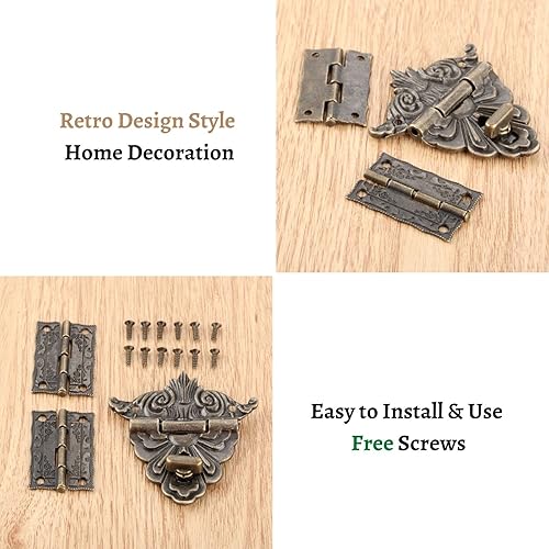 Miniatura 4 de Juego de 2 piezas de bisagra antigua y 1 cerradura de candado de estilo retro con 12 tornillos