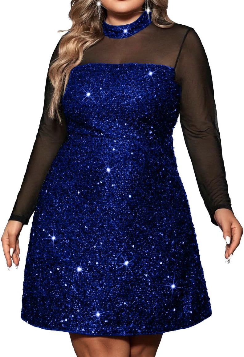 Plus Size Sexy Sheer Mesh Long Sleeve Rhinestones Sequin Party Night Club Dress