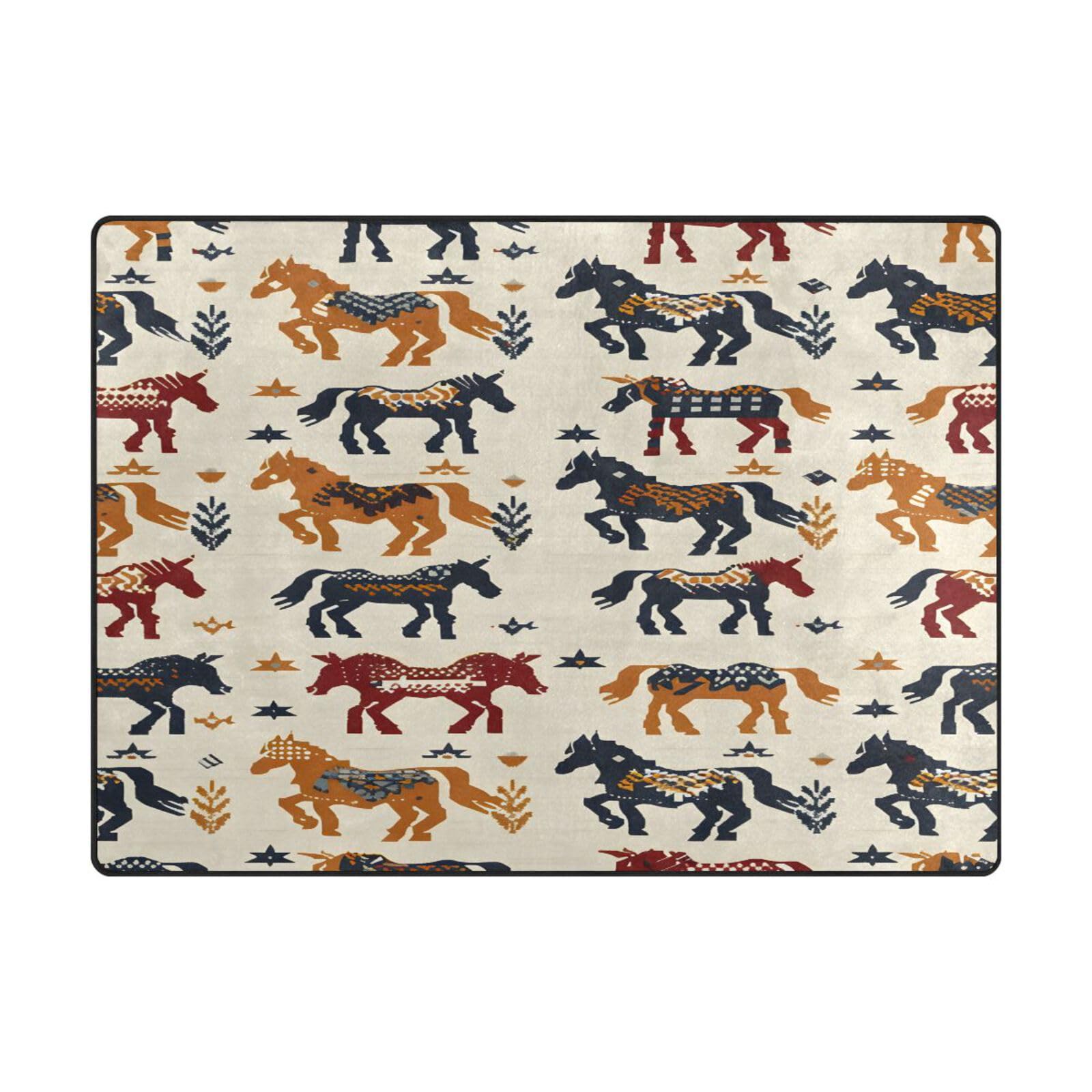 Tapis doux grand format pour isoler le sol du salon avec un motif cheval vintage chic