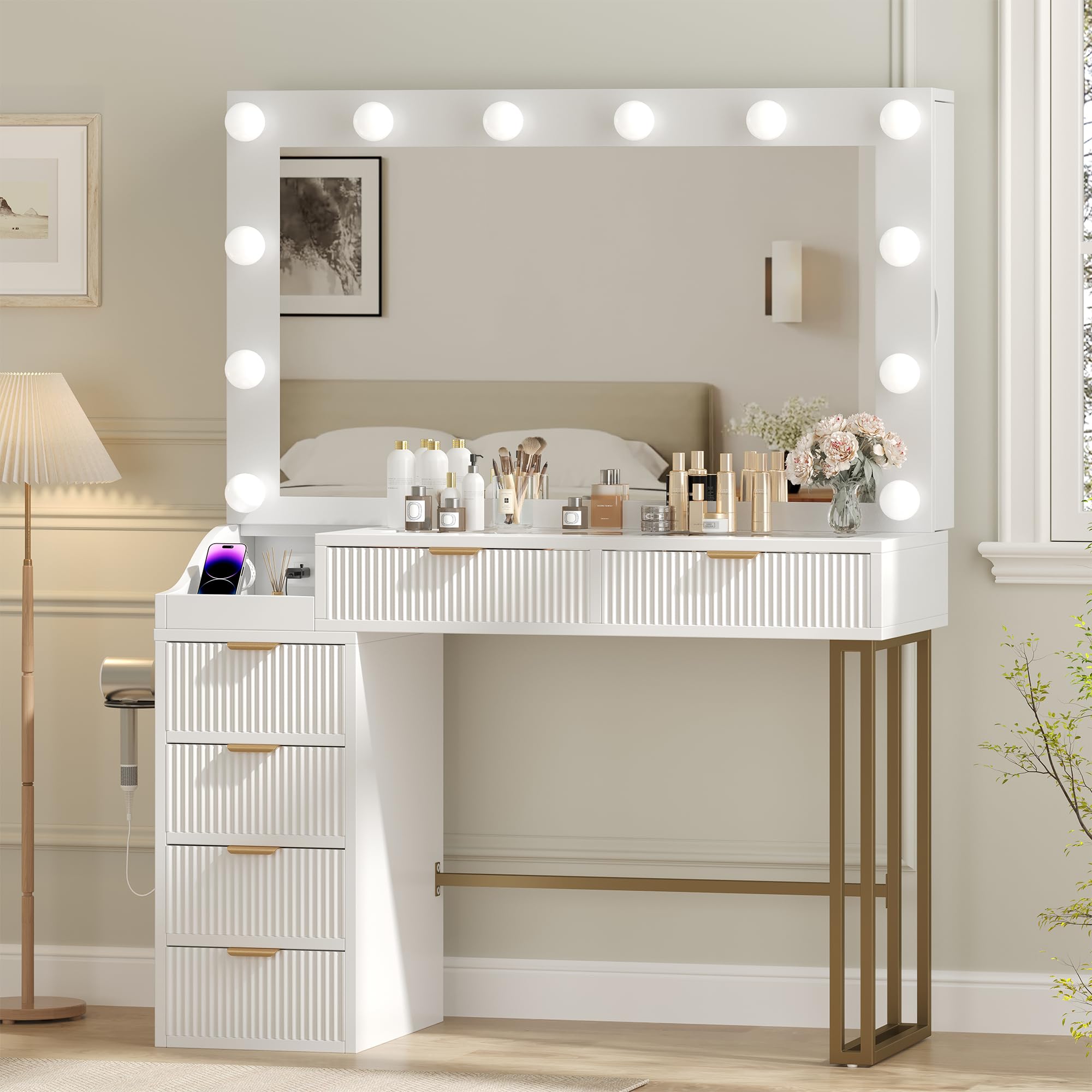 Photo 1 of ***MINOR DAMAGE***Feonase Vanity Desk, White 43'' Large Makeup Vanity Desk with Mirror and 12 Lights, 3 Color Modes, Glass Top Makeup Table with 6 Drawers and 2 Side Cabinets, Built in Charging Station