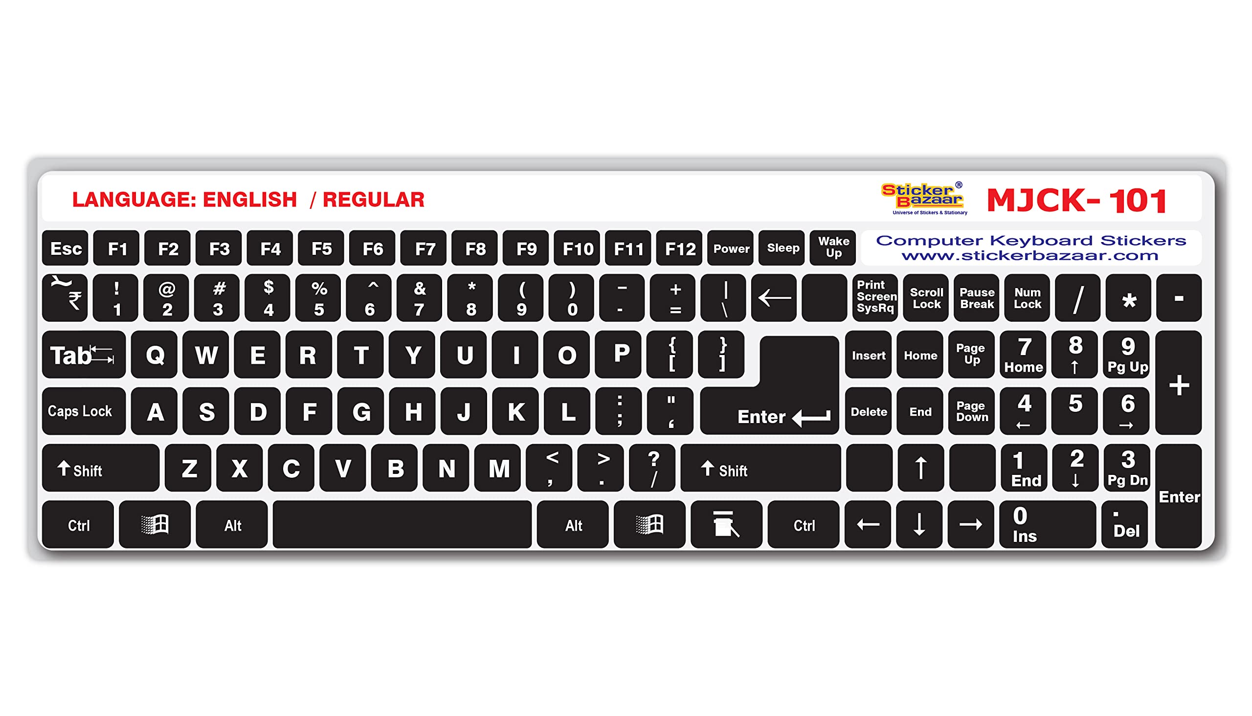 STICKER BAZAAR English/Regular Keyboard Sticker Small Size Pack of 5 for Computer/Laptop, Self Adhesive and Easy to Peel Black Background with White Lettering