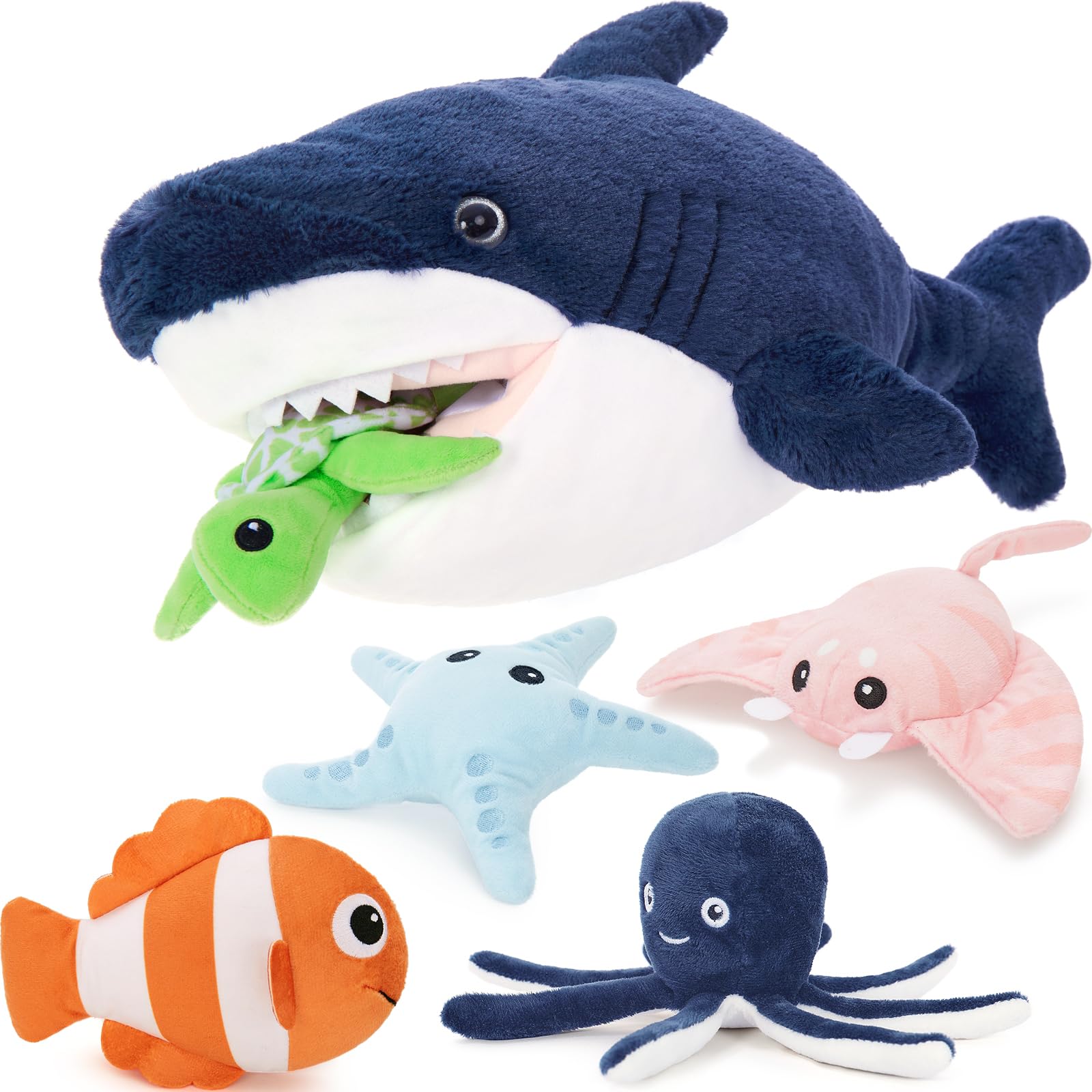 MaoGoLan 6Pcs Blue Shark Plush Toy, Large Shark Teddy with 5 Sea Animals Inside, Stingray, Octopus, Turtle, Clown Fish & Starfish, Soft Toy Gifts for Kids Party, Christmas Birthday