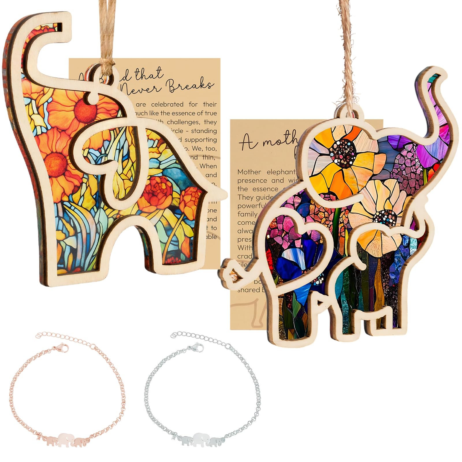 2 Pcs Elephant Ornament with Story Card, 2 Pcs Elephants Bracelets, Elephant Gifts for Women Friends, Hanging Ornament Souvenir for Friendship Birthday