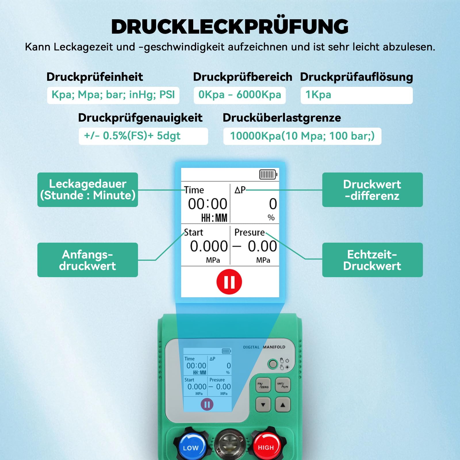 KAISAL Digitale Kältemittel Monteurhilfe Set für 92 Kühlmittel R32 R134A R22 R410A R1234YF HVAC Messgeräte Dualer Stresstest Manifold Gauge