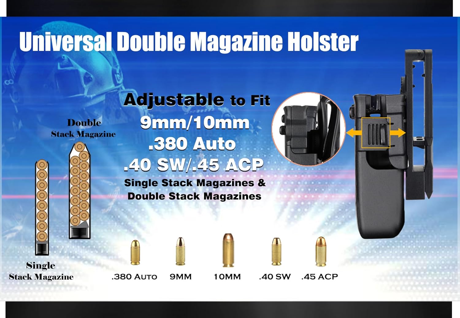 Double Magazine Holster, Universal Magazine Pouch, 9mm/40/45/10mm/380 Mag Holster for Glock/Sig sauer/S&W/Beretta/Taurus/H&K and More Single Stack/Double Stack Magazines, Adjustable Mag Holder