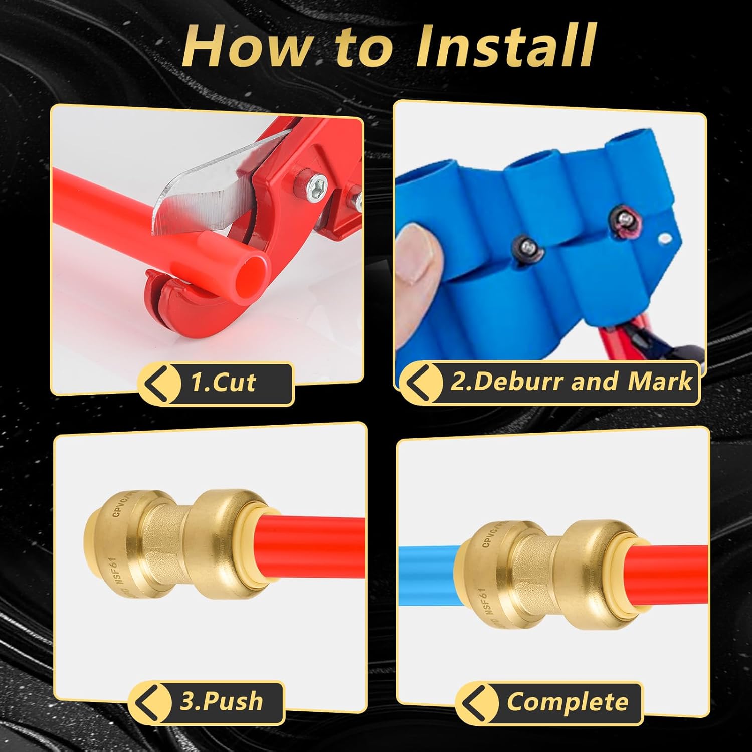 (Pack of 10) Foskan Push Fit Fittings, 1/2" x 1/2" Brass Straight Coupling With Disconnect Clip, Push to Connect PEX, Copper, CPVC Pipes for Pipe Repairs & Projects
