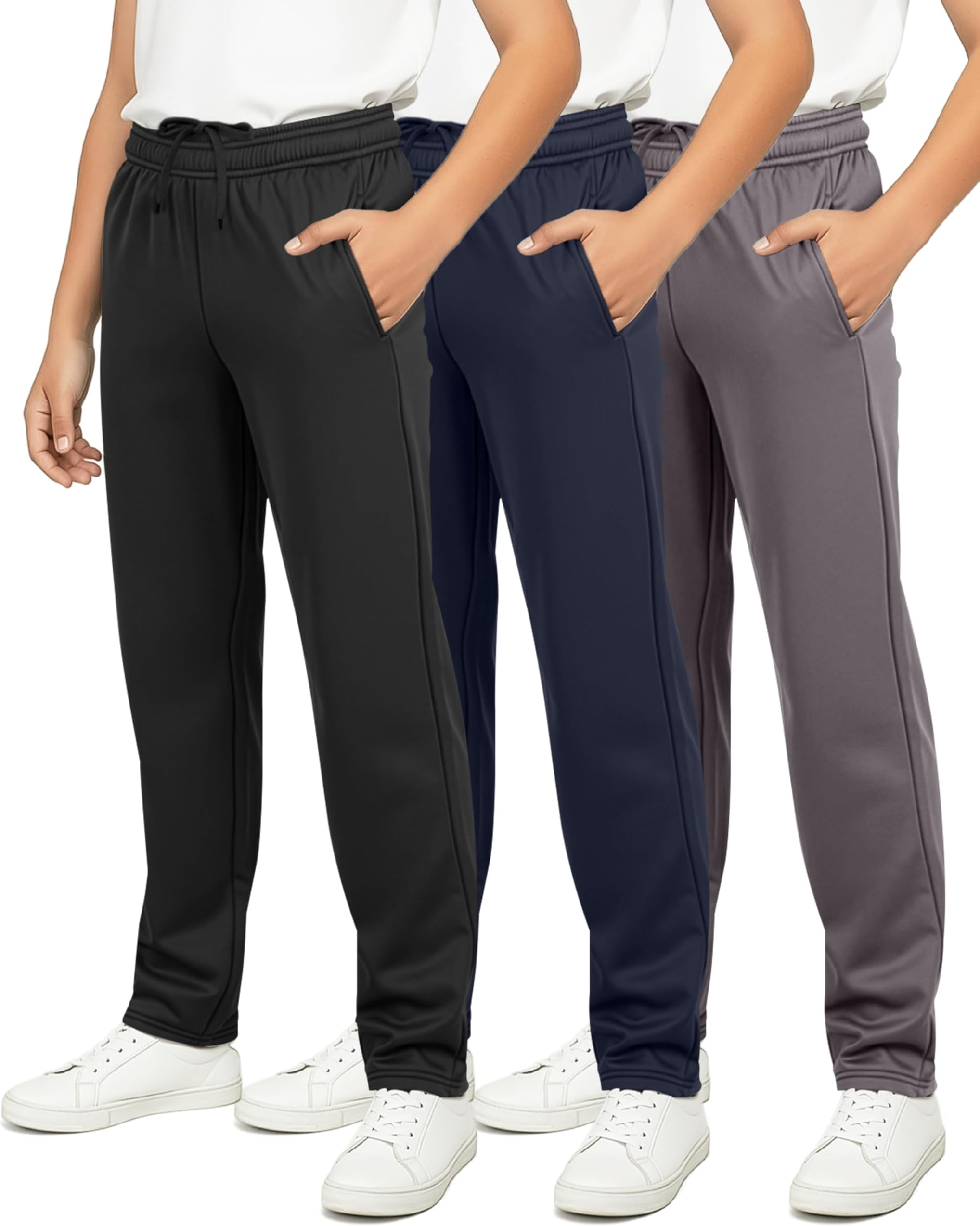 3 Pack: Boys' Tricot Open Bottom Sweatpants - Athletic Running Pants with Pockets for Kids Teens Youth