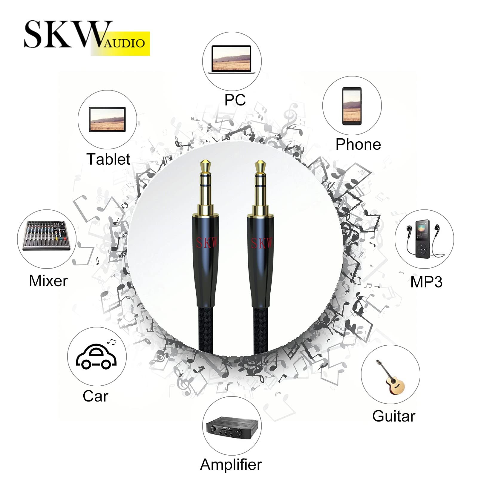 SKW Aux Kabel 3.5mm Audio Kabel (Hi-Fi-Sound) - 3m 3,5 mm Klinkenkabel für Kopfhörer, Heim-Stereo, IPad, Echo Dot, Sony usw - Nylon