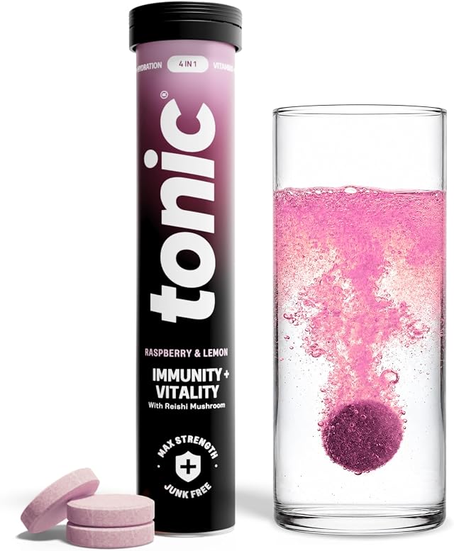 Tonic Health Immunity & Vitality Tablets - 4-in-1 Effervescent Multivitamins and Nutrients - Vitamin D, Vitamin C and Zinc - Vegan, No Sugar- Max Strength Tablets, Raspberry & Lemon, 20 Count